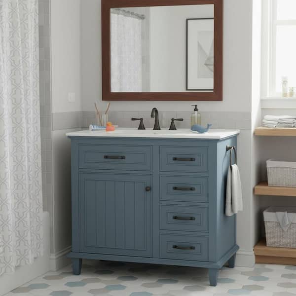 JUJABU 36 in. Freestanding Blue Bath Vanity with White Ceramic Top