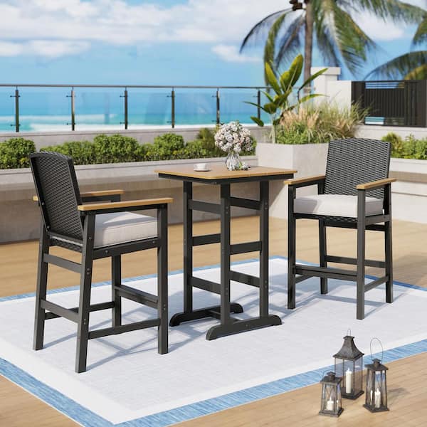 PHI VILLA Brown 3-Piece HDPE Plastic Rectangle Bar Height Patio Outdoor Dining Set with Wood-Grain Table and Beige Cushion