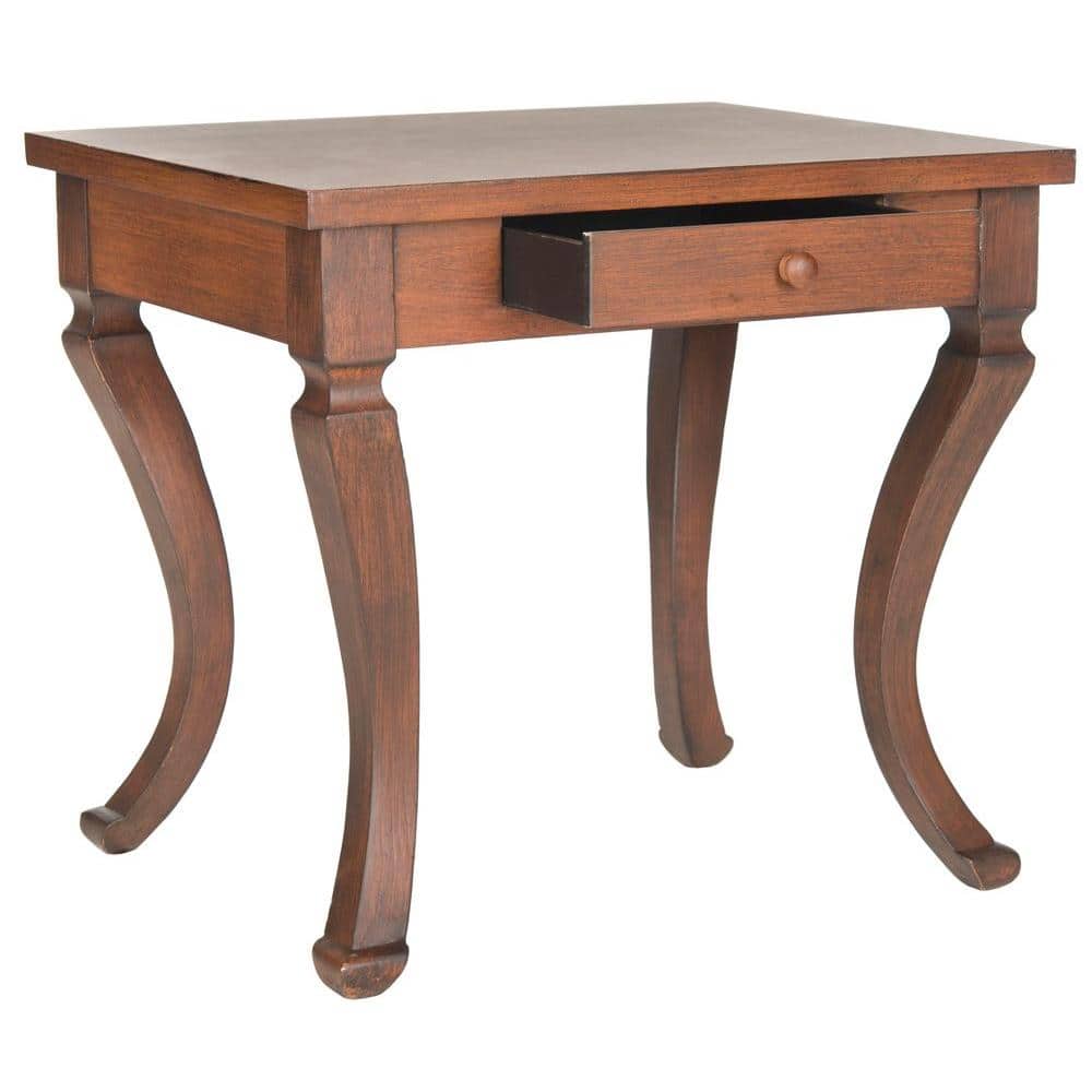 Brown Fir Wood Rectangular Side Table with Storage Drawer