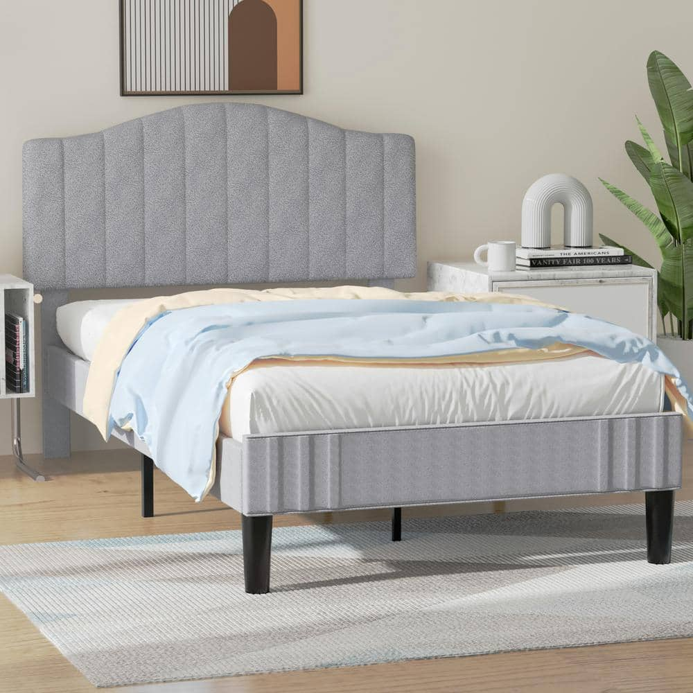 VECELO Upholstered Bed Frame with Sheepskin Fabric Adjustable Headboard ...