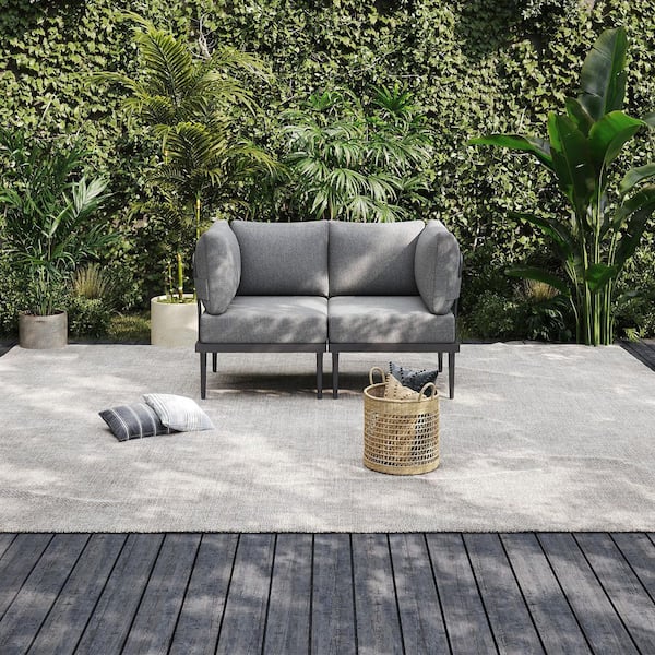 AURA OUTDOOR 2 Piece Metal Outdoor Patio Conversation Set with 2-Corner Sofa, Conversation Chair with Grey Cushions and Grey Frame