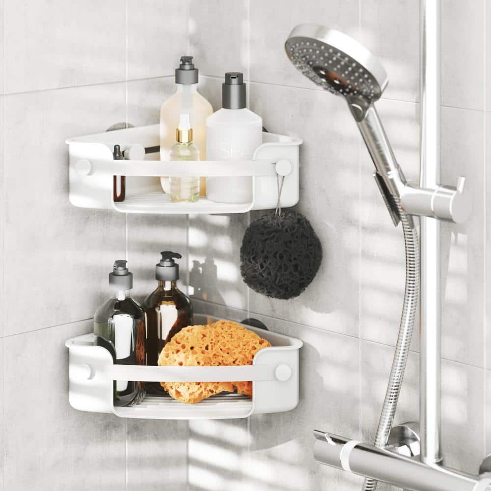 White Plastic Adhesive Shower Corner Bin with Hooks