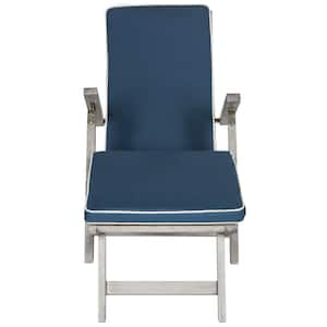 Palmdale Grey Folding Wood Outdoor Lounge Chair with Navy Cushion