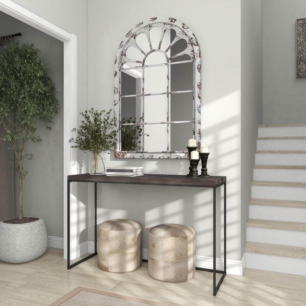 White Distressed Wood Arched Windowpane Wall Mirror