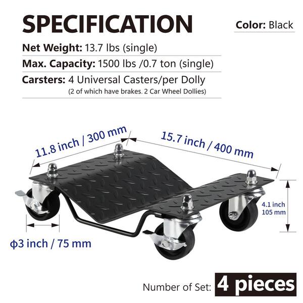 4-Pieces Heavy-Duty Tire Wheel Dolly, Skate Auto Repair Dollies, Vehicle Moving Dolly, 6000 lb, Black