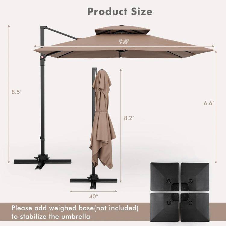 9.5 ft Coffee Polyester Cantilever Patio Umbrella with Black Aluminum Pole