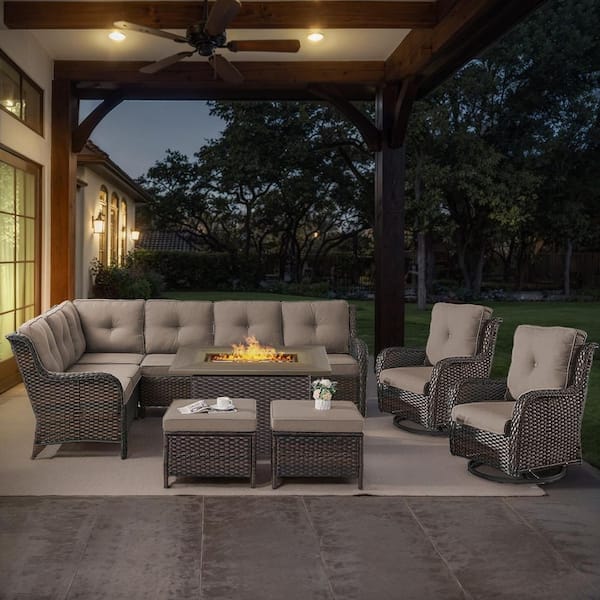 Brown 6-Piece Wicker Patio Fire Pit Set, Outdoor Sectional Seating Set with Olefin Gray Cushions and Swivel Rockers
