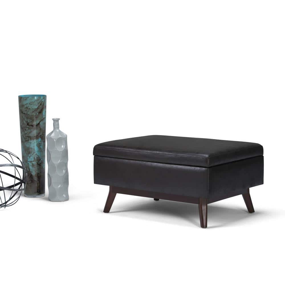 Mid-Century Modern Distressed Black Wood Rectangular Storage Ottoman