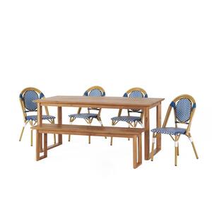 Ifran 6-Piece Wood and Wicker Outdoor Teak and Blue Dining Set