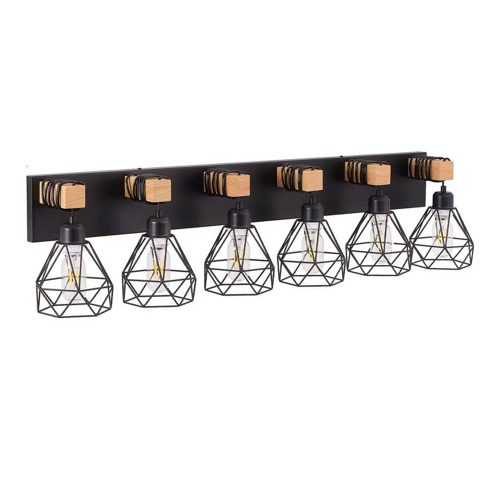38 inch Modern Geometric 6-Light Vanity Light Fixture with Black Metal Wooden Accents and Cage Lampshade price history on PriceWatchPro