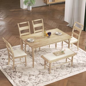 Retro Style 6-piece Natural Frame and Beige Cushion Wood Dining Set with 4-Upholstered Chairs and Bench