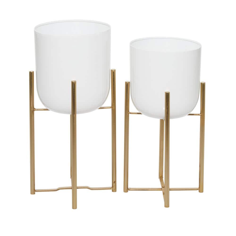 White Metal Dome Planters with Gold Stands, Set of 2