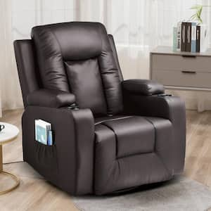 Brown Faux Leather Recliner Chair Rocking Chair Swivel Recliner with Cup Holders, Heat and Massage Single Sofa Seat