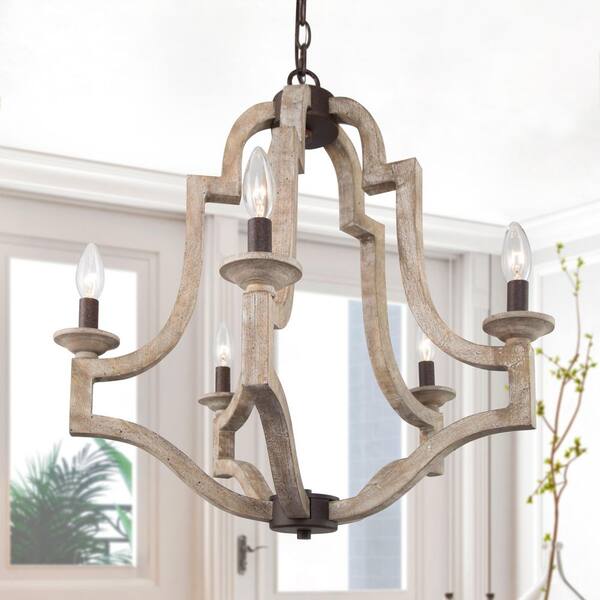 23.2 in. 5-Light Farmhouse Wood Kitchen Island Chandelier, French Country Candlestick Dining Room Foyer Chandelier