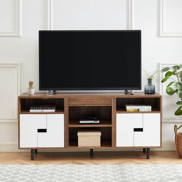 60 in. Freestanding Wooden TV Stand in Rustic Oak and White