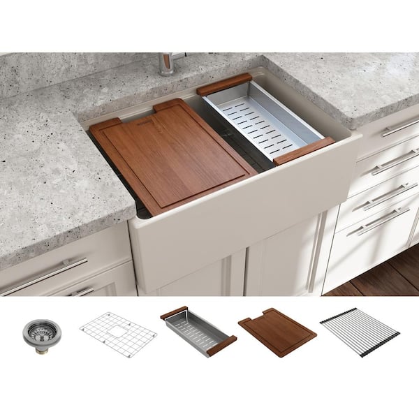 BOCCHI Contempo Workstation 27 in. Farmhouse Apron-Front Single Bowl Biscuit Fireclay Kitchen Sink with Accessories
