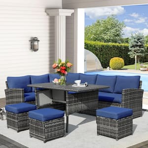 7-Pieces Patio Gray Wicker Furniture Dining Set with Blue Cushions