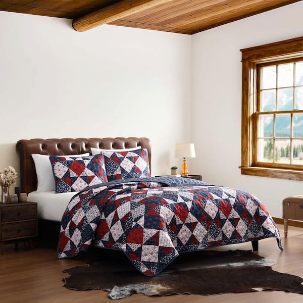 Rodeo Patchwork Reversible 3-Piece Blue/Red/White Microfiber King Quilt Set