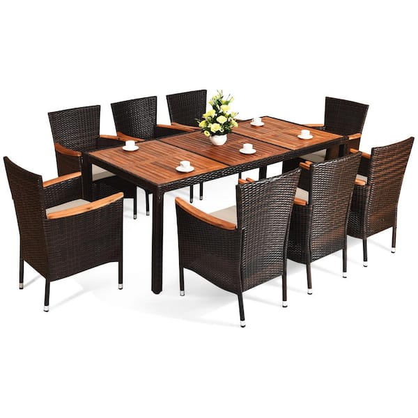 Costway 9-Piece Wood Rectangle Outdoor Dining Set with Beige Cushions