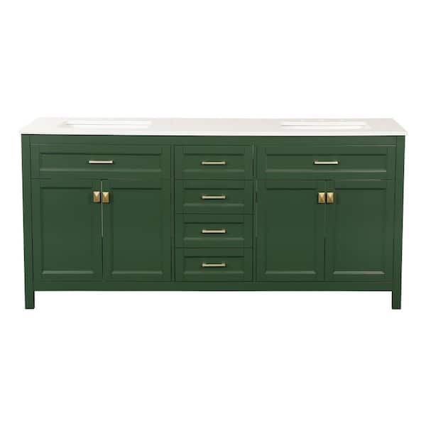 VANITYFUS Solid Wood 72 in. W. x 22.24 in. D x 34 in. H Double Sinks Bath Vanity in Green with Carrara White Natural Marble Top