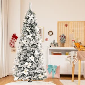 7 ft. Snow Flocked Pencil Artificial Christmas Tree with White Berries and Flowers