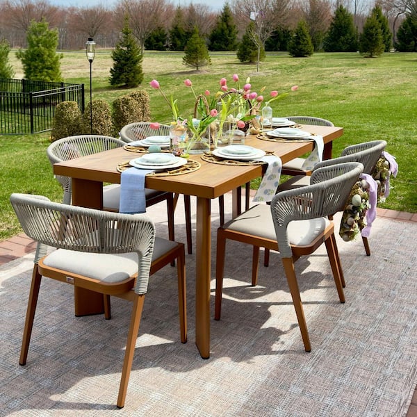 PURPLE LEAF 7-Piece Aluminum Wicker Dining Table and Chairs Patio Outdoor Dining Set Teak Patio Furniture Set with Cushions, Brown