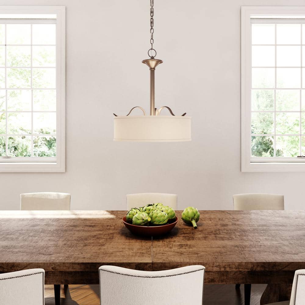 Elegant Antique Bronze 3-Light Pendant with Off-White Linen Shade