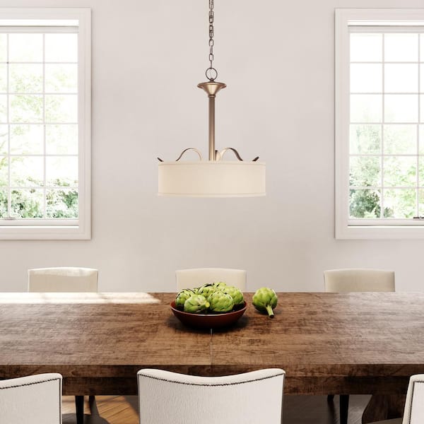 Inspire Collection 3-Light Antique Bronze Transitional Hanging Foyer Pendant with Beige Linen Shade
