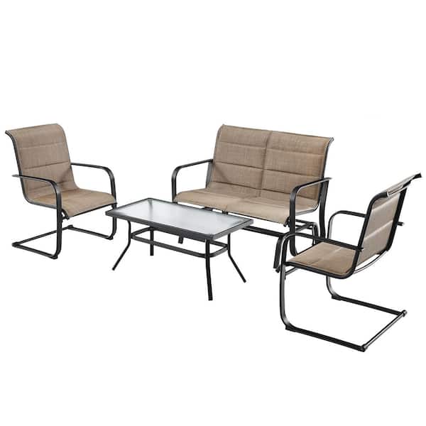 Costway 4-Piece Metal Patio Conversation Set Padded Chairs Glider Loveseat Coffee Table