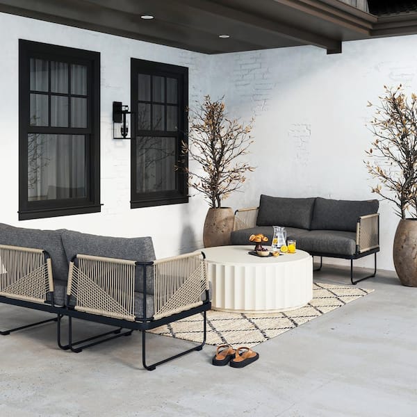 Nathan James Isla 2-Piece Bohemian Matte Black Metal Frame Outdoor Loveseat Set with Dark Gray Cushions