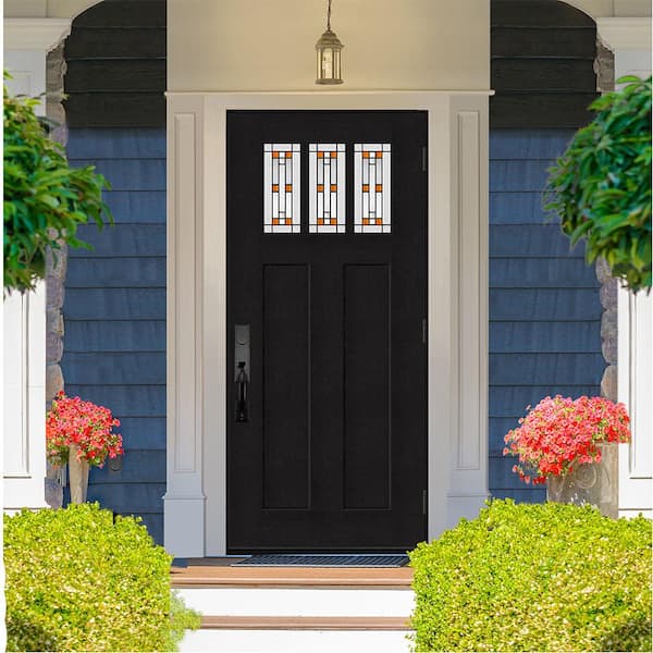 Regency 36 in. x 80 in. 3-Lite Amberton Decor Glass LHOS Onyx Stain Fir Grain Fiberglass Prehung Front Door