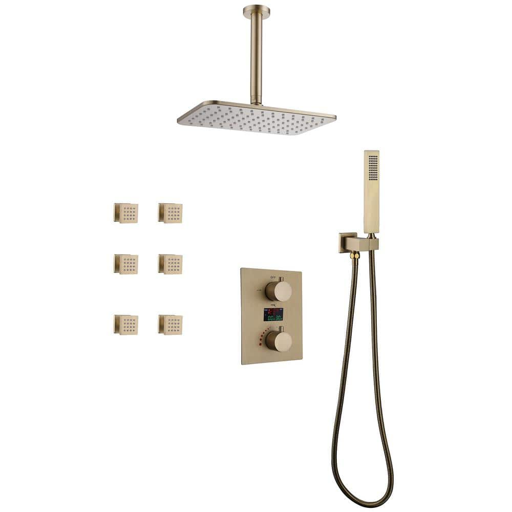 Tomfaucet Thermostatic 2 Handle 3 Spray Ceiling Mount Rainfall Shower