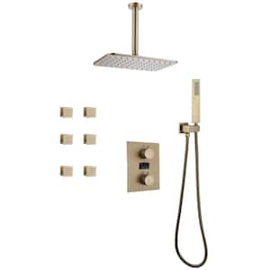 Thermostatic 2-Handle 3-Spray Ceiling Mount Rainfall Shower Faucet with 6-Jet in Brushed Gold (Valve Included)