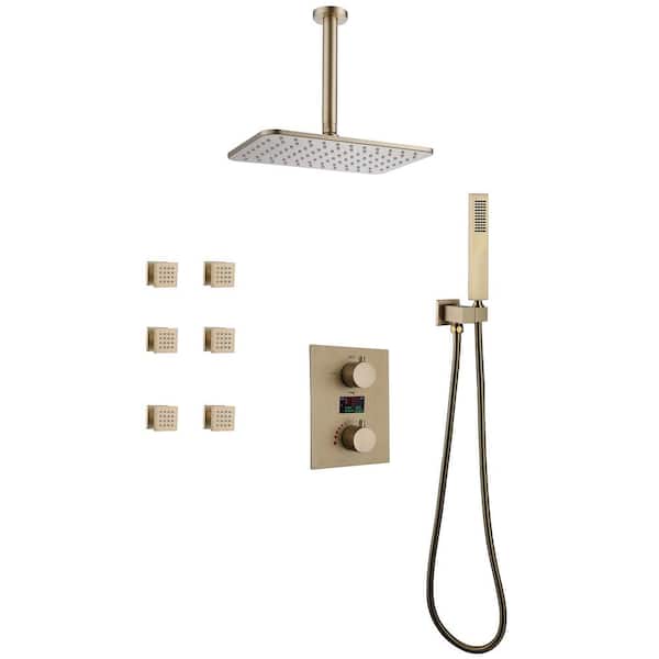 Tomfaucet Thermostatic 2-Handle 3-Spray Ceiling Mount Rainfall Shower Faucet with 6-Jet in Brushed Gold (Valve Included)