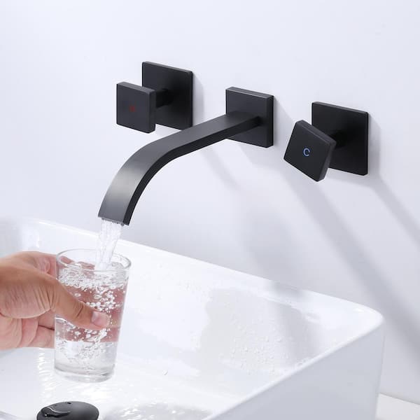 Wall Mount 3 Hole Bathroom outlet Basin Sink Faucet, 2 Knob Handle, Matte Black