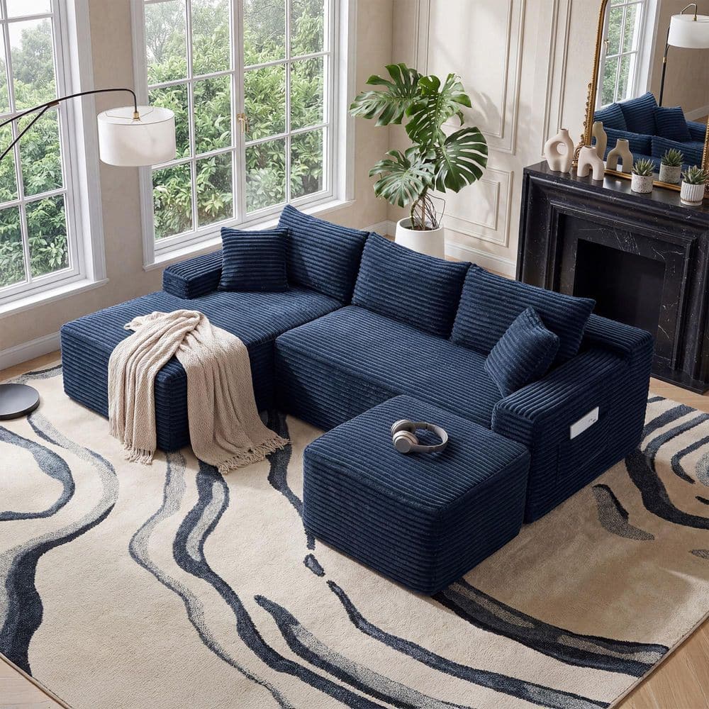 Modern 106.3 in. Square Arms 3-Piece Corduroy Compressed Modular Sectional Sofa with Ottoman and Chaise in Blue price history on PriceWatchPro