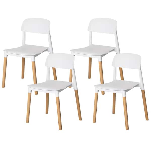 FABULAXE White Modern Plastic Dining Chair Open Back with Beech Wood Legs, Set of 4