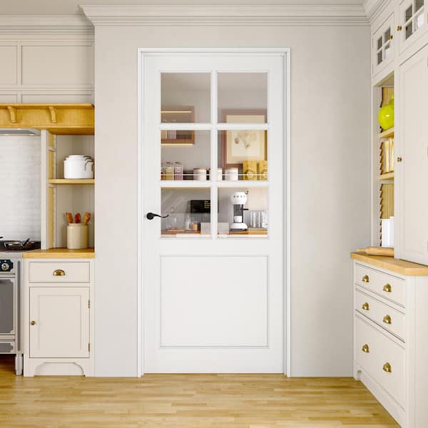 32 in. x 80 in. 6-Lite Tempered Clear Glass and Solid Core Manufacture Wood White Primed Interior Door Slab