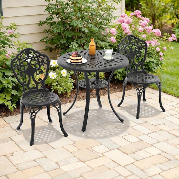 Orchid Black 3-Piece of Cast Aluminum Outdoor Patio Dining Set with 30.71 in. Round Table and Armless Chairs