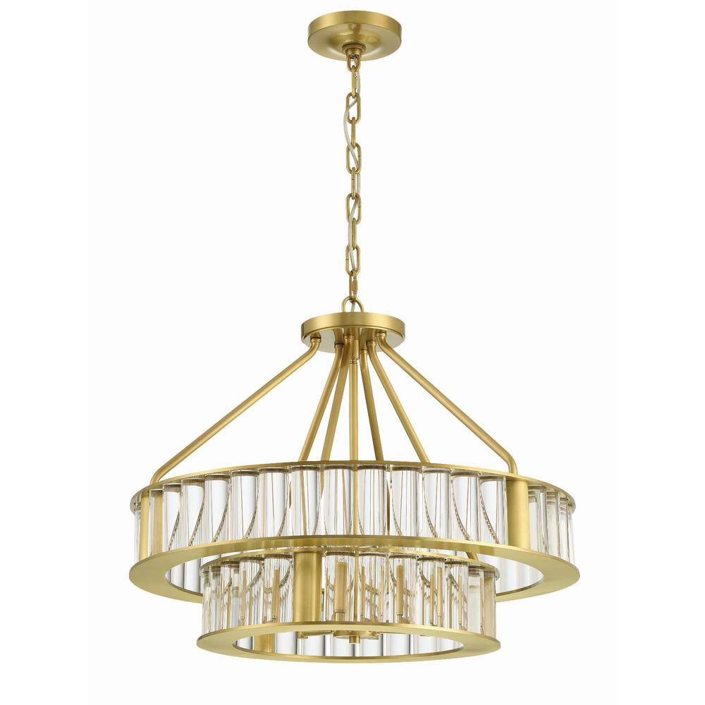 Aged Brass and Crystal 6-Light Two-Tier Chandelier