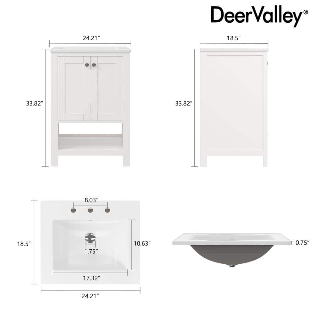 24" White Solid Wood Freestanding Bathroom Vanity with Ceramic Sink
