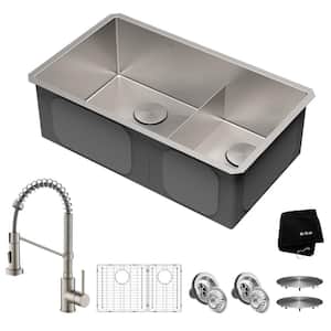 16-Gauge Stainless Steel 33 in. Standart Pro Double Bowl Undermount/Drop-In 2-Hole Kitchen Sink with Pull Down Faucet