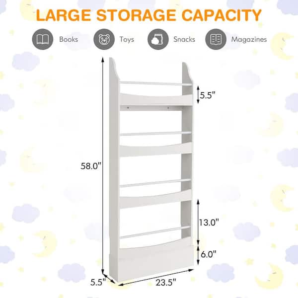 23.5 in. W White 4-Tier Kids Bookshelf Toy Storage Bookcase Rack Wall with Anti-toppling Kits
