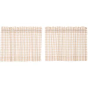 Annie Buffalo Check Tan White Cotton Light Filtering Rod Pocket Farmhouse Window Curtain Tier 36 in. W x 24 in. L Pair