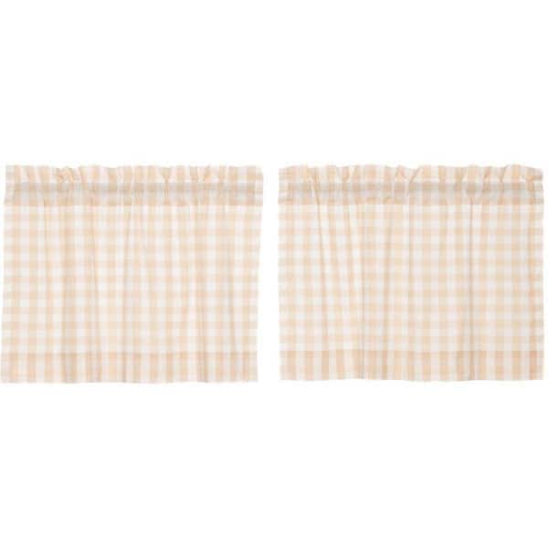 VHC BRANDS Annie Buffalo Check Tan White Cotton Light Filtering Rod Pocket Farmhouse Window Curtain Tier 36 in. W x 24 in. L Pair