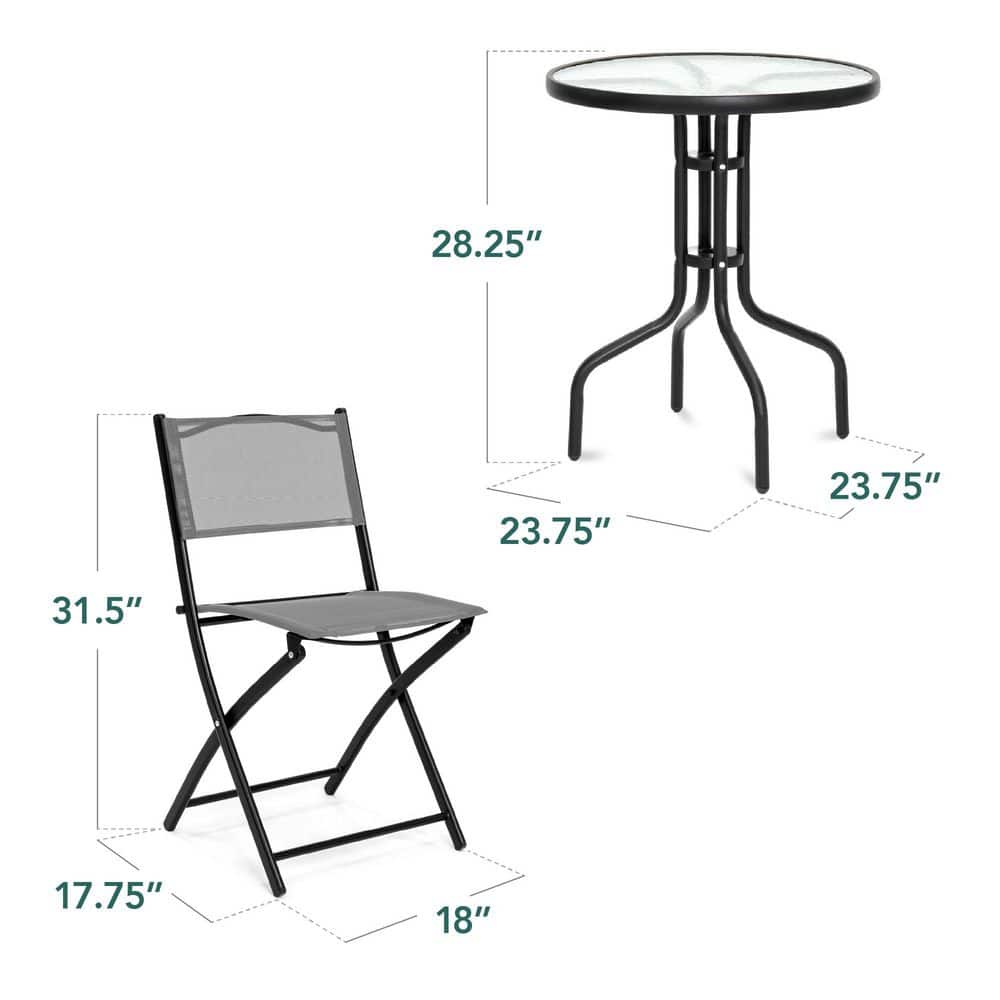 Gray 3-Piece Patio Bistro Set with Glass Tabletop and Folding Chairs