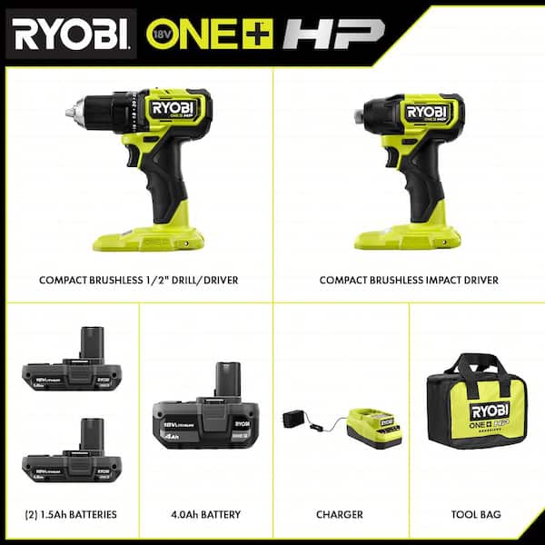 RYOBI ONE+ HP 18V Brushless Cordless Compact Drill & Impact Driver