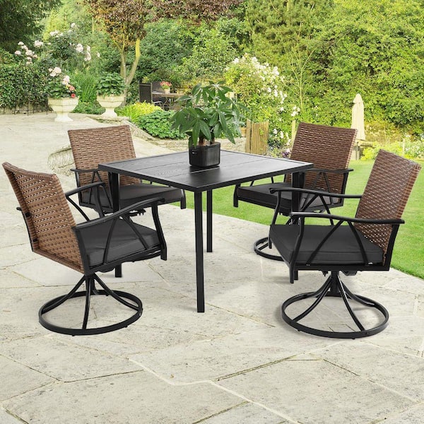 5-Piece Wicker and Steel Outdoor Dining Set 4 Swivel Chairs with Grey Cushions, Square Table with 1.75 in. Umbrella Hole