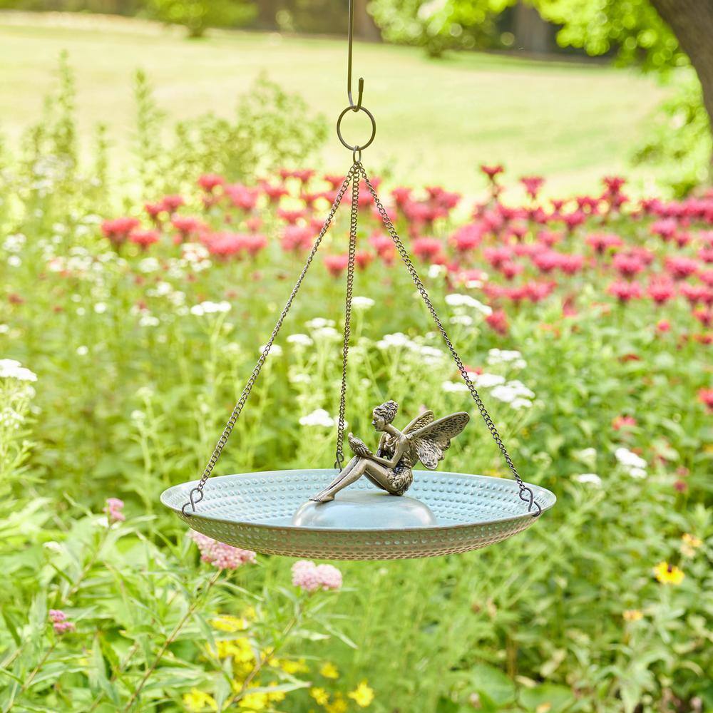 18" Hanging Blue Verde Copper Bird Bath with Fairy