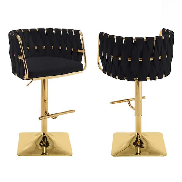 Best Quality Furniture Debra 34 in. Upholstered Black Low Back Gold Metal Frame Adjustable Bar Stool with Velvet Fabric (Set of 2)
